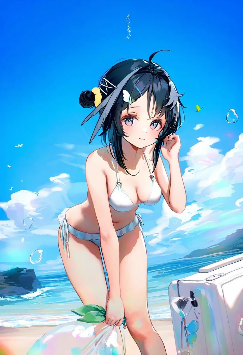 chen bin,icecake,[qizhu],[onineko],[anmi],kedama milk,(wlop),tianliang duohe fangdongye,ke-ta,rei \(sanbonzakura\), - 1girl,la pluma \(summer flowers\) \(arknights\),arknights,white bikini,outdoors,navel,day,sky,blue sky,beach,suitcase,looking at viewer,ocean,low-tied long hair,leaning forward,standing,holding,frills,hand up,bare shoulders,floating hair,