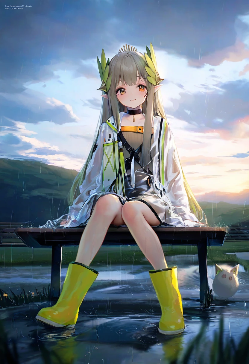 chen bin,icecake,[qizhu],[onineko],[anmi],kedama milk,(wlop),tianliang duohe fangdongye,ke-ta,rei \(sanbonzakura\), - 1girl,muelsyse \(arknights\),arknights,cloudy sky,grass,on bench,outdoors,rain,road,yellow rubber boots,see-through coat,sitting,transparent raincoat,water drop,