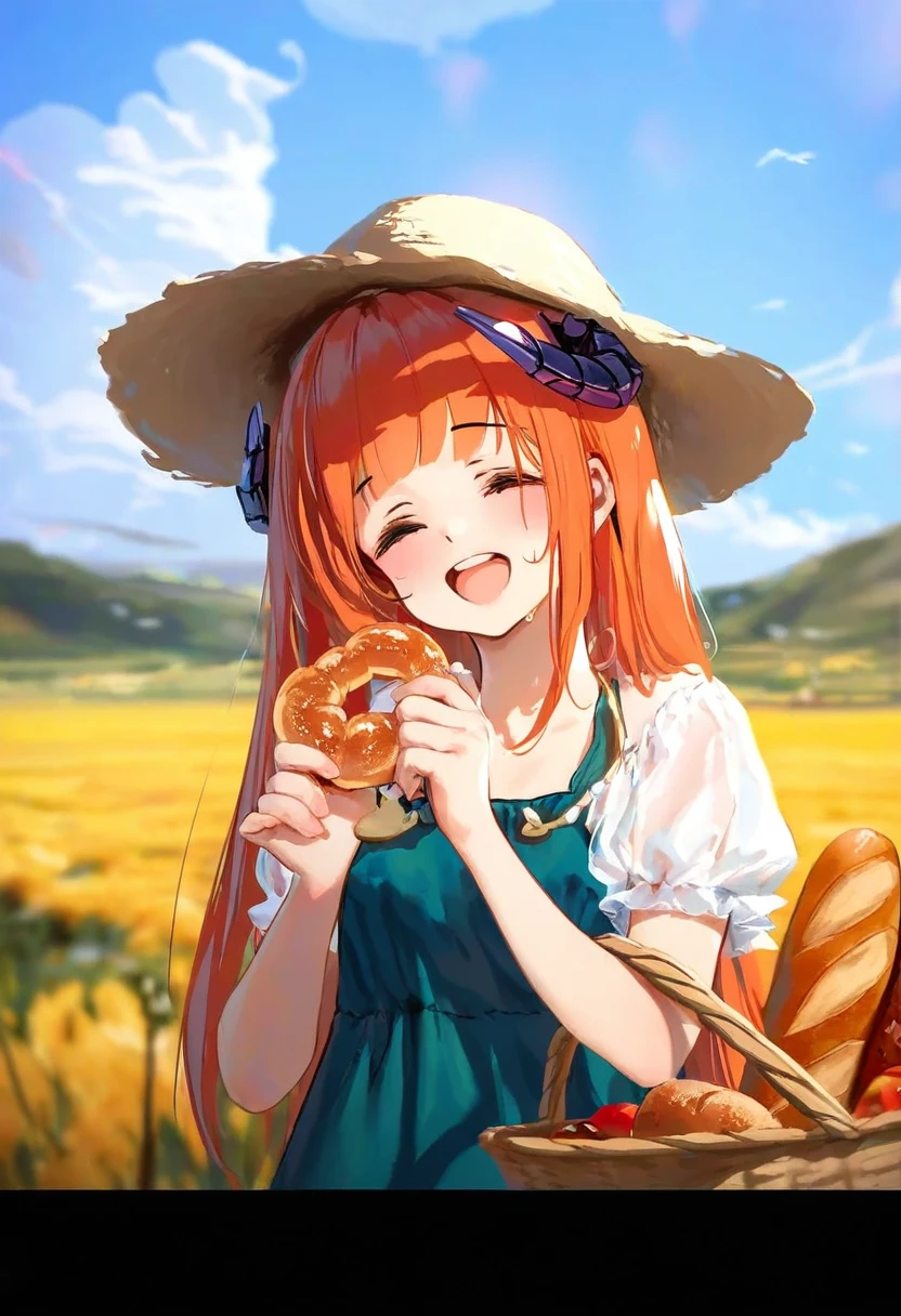 chen bin,icecake,[qizhu],[onineko],[anmi],kedama milk,(wlop),tianliang duohe fangdongye,ke-ta,rei \(sanbonzakura\), - 1girl,bagpipe \(arknights\),arknights,baguette,blush,bread,croissant,holding basket,pretzel,upper body,straw hat,field,sky,laughing,sweat,sunlight,