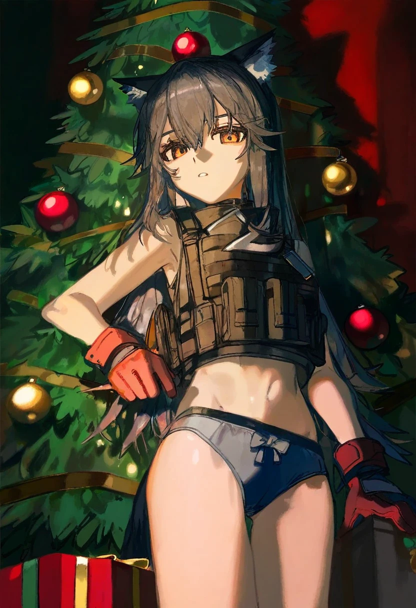((quasarcake)),(((ciloranko))), - 1girl,texas \(arknights\),arknights,underwear,tactical vest,christmas tree,christmas ornaments,
