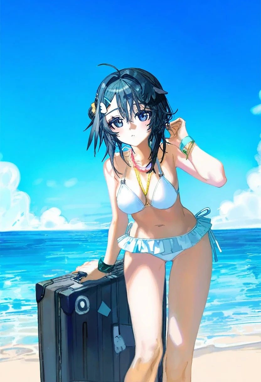 ((quasarcake)),(((ciloranko))), - 1girl,la pluma \(summer flowers\) \(arknights\),arknights,white bikini,outdoors,navel,day,sky,blue sky,beach,suitcase,looking at viewer,ocean,low-tied long hair,leaning forward,standing,holding,frills,hand up,bare shoulders,floating hair,