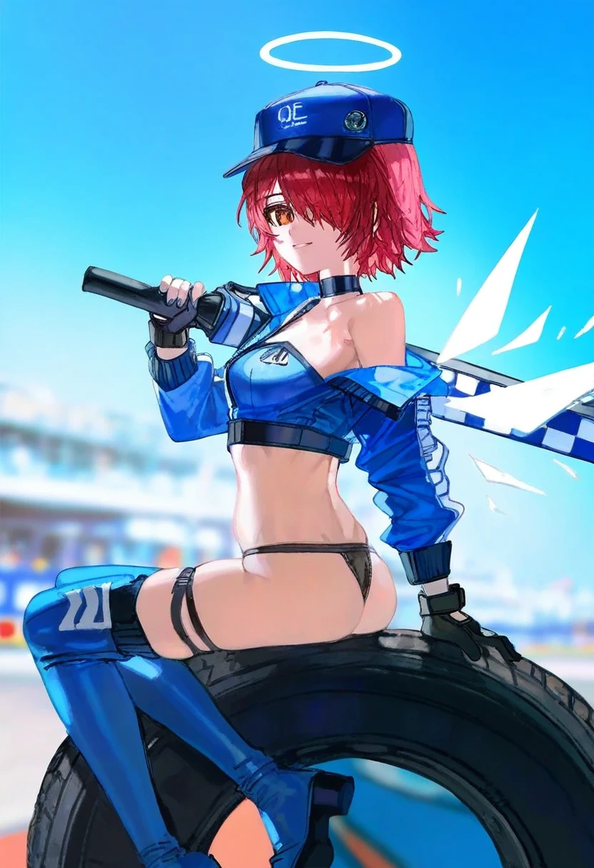 ((quasarcake)),(((ciloranko))), - 1girl,exusiai \(arknights\),arknights,black gloves,black panties,blue thigh boots,blue hat,blue jacket,long sleeves,race queen,thigh strap,thong,single bare shoulder,skindentation,tire,
