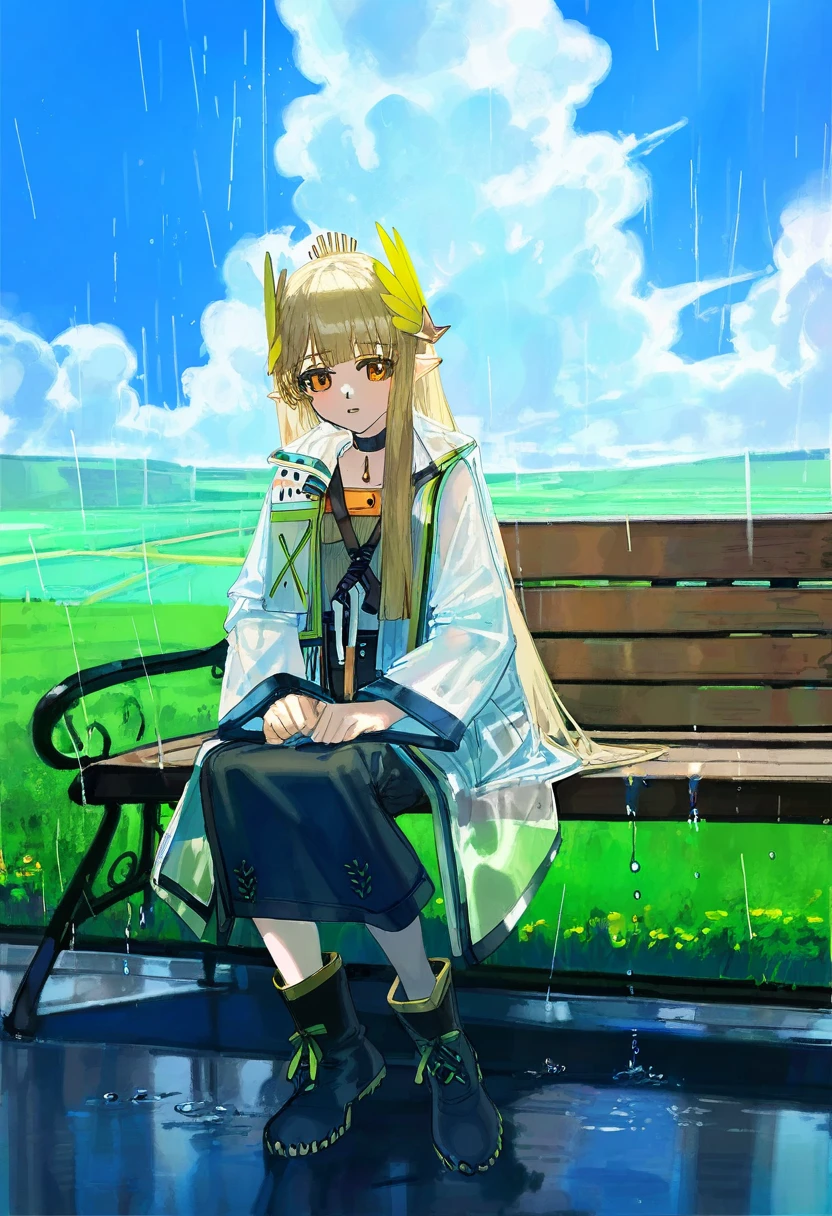 ((quasarcake)),(((ciloranko))), - 1girl,muelsyse \(arknights\),arknights,cloudy sky,grass,on bench,outdoors,rain,road,yellow rubber boots,see-through coat,sitting,transparent raincoat,water drop,
