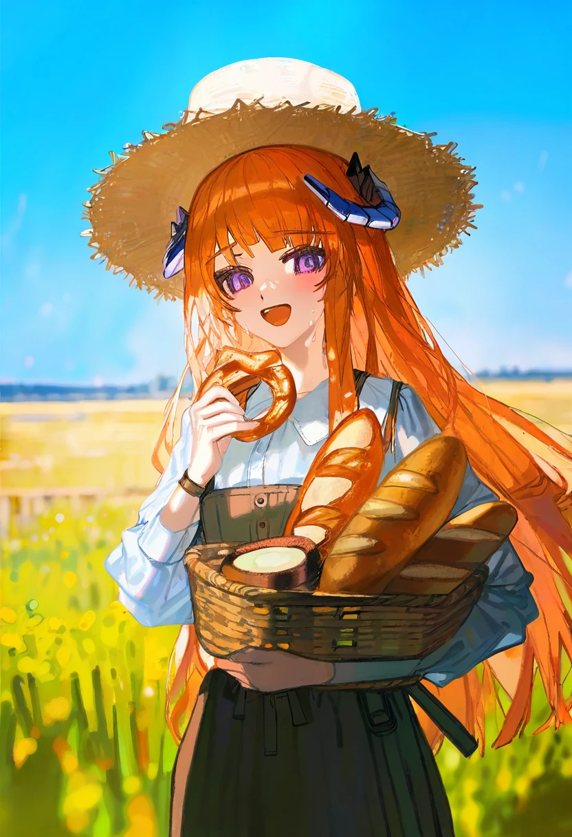 ((quasarcake)),(((ciloranko))), - 1girl,bagpipe \(arknights\),arknights,baguette,blush,bread,croissant,holding basket,pretzel,upper body,straw hat,field,sky,laughing,sweat,sunlight,