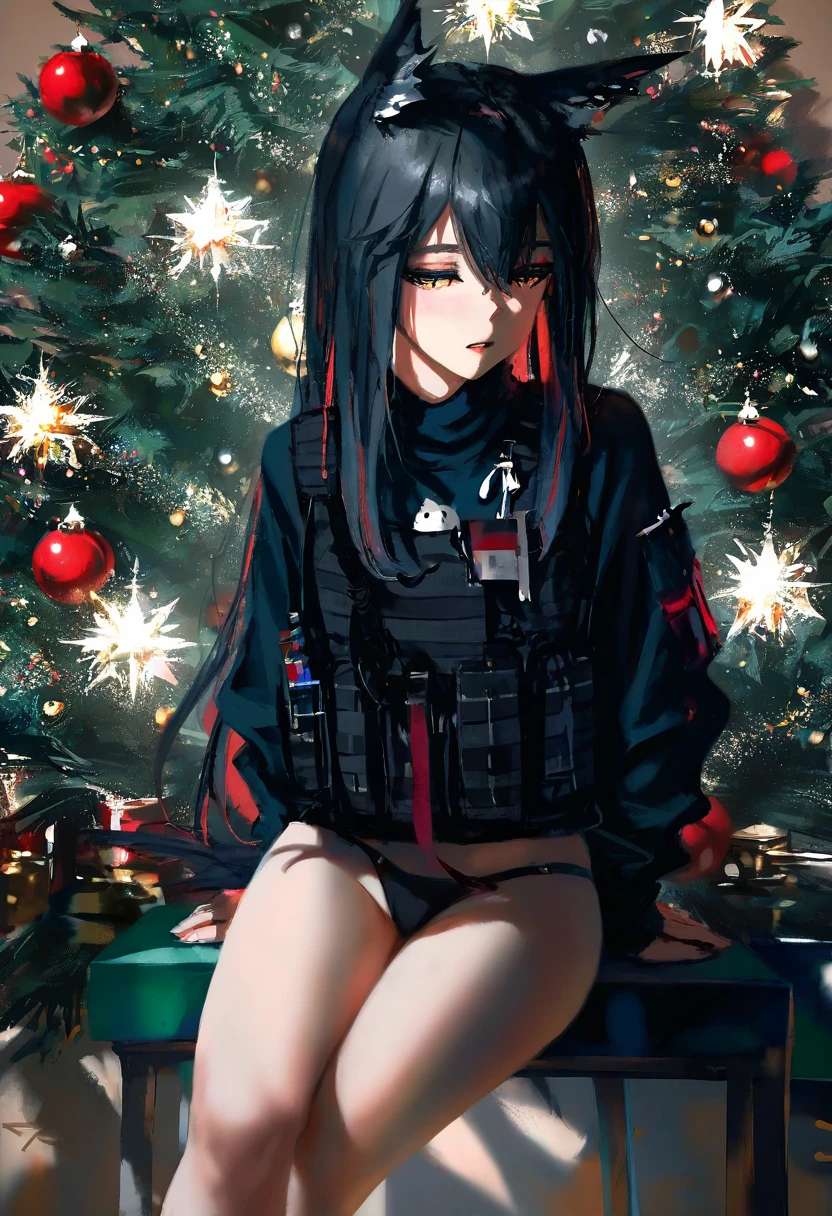 (((wlop))),(quasarcake),(ningen mame),(osakana \(osakanagazoubot\)), - 1girl,texas \(arknights\),arknights,underwear,tactical vest,christmas tree,christmas ornaments,