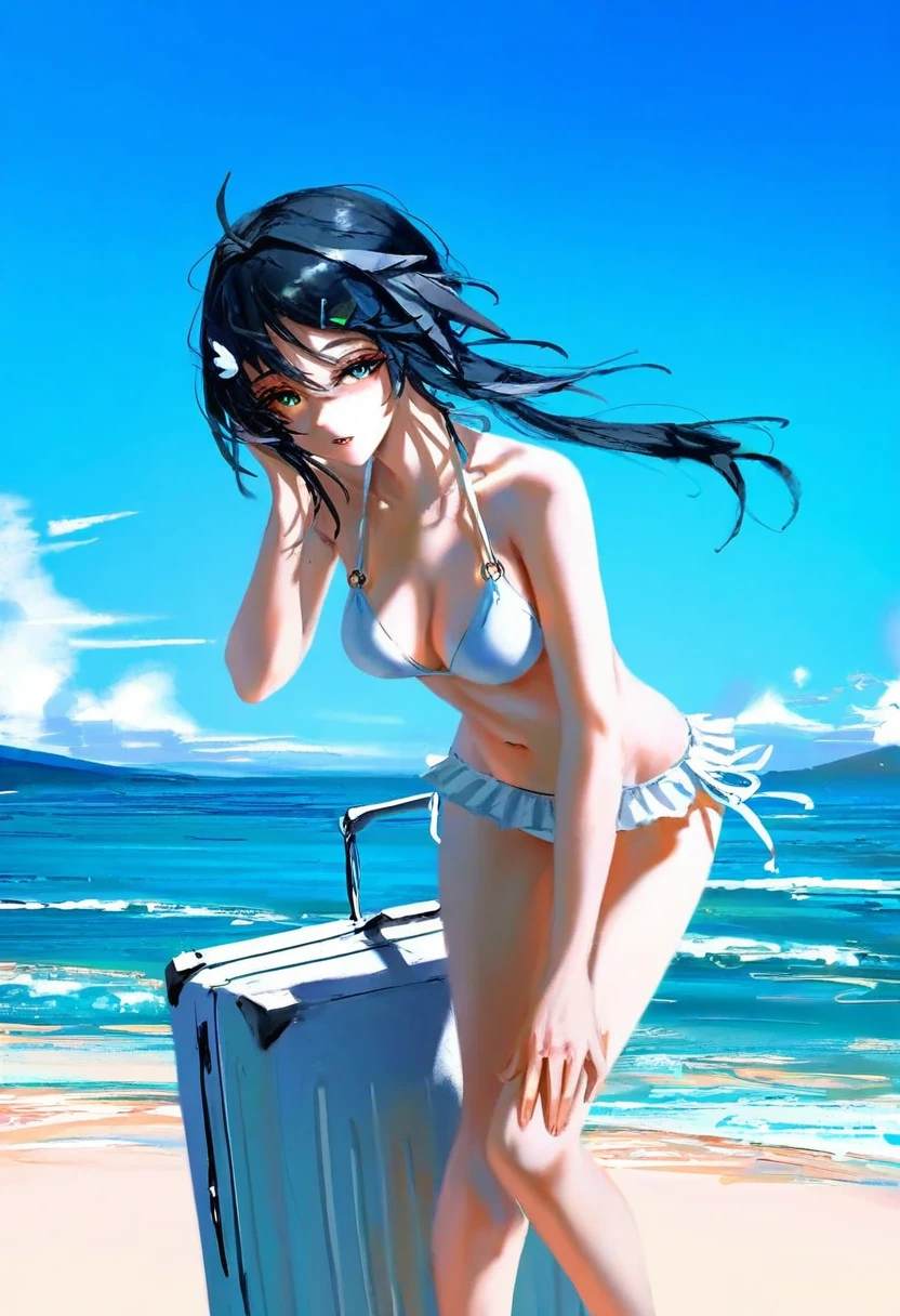 (((wlop))),(quasarcake),(ningen mame),(osakana \(osakanagazoubot\)), - 1girl,la pluma \(summer flowers\) \(arknights\),arknights,white bikini,outdoors,navel,day,sky,blue sky,beach,suitcase,looking at viewer,ocean,low-tied long hair,leaning forward,standing,holding,frills,hand up,bare shoulders,floating hair,