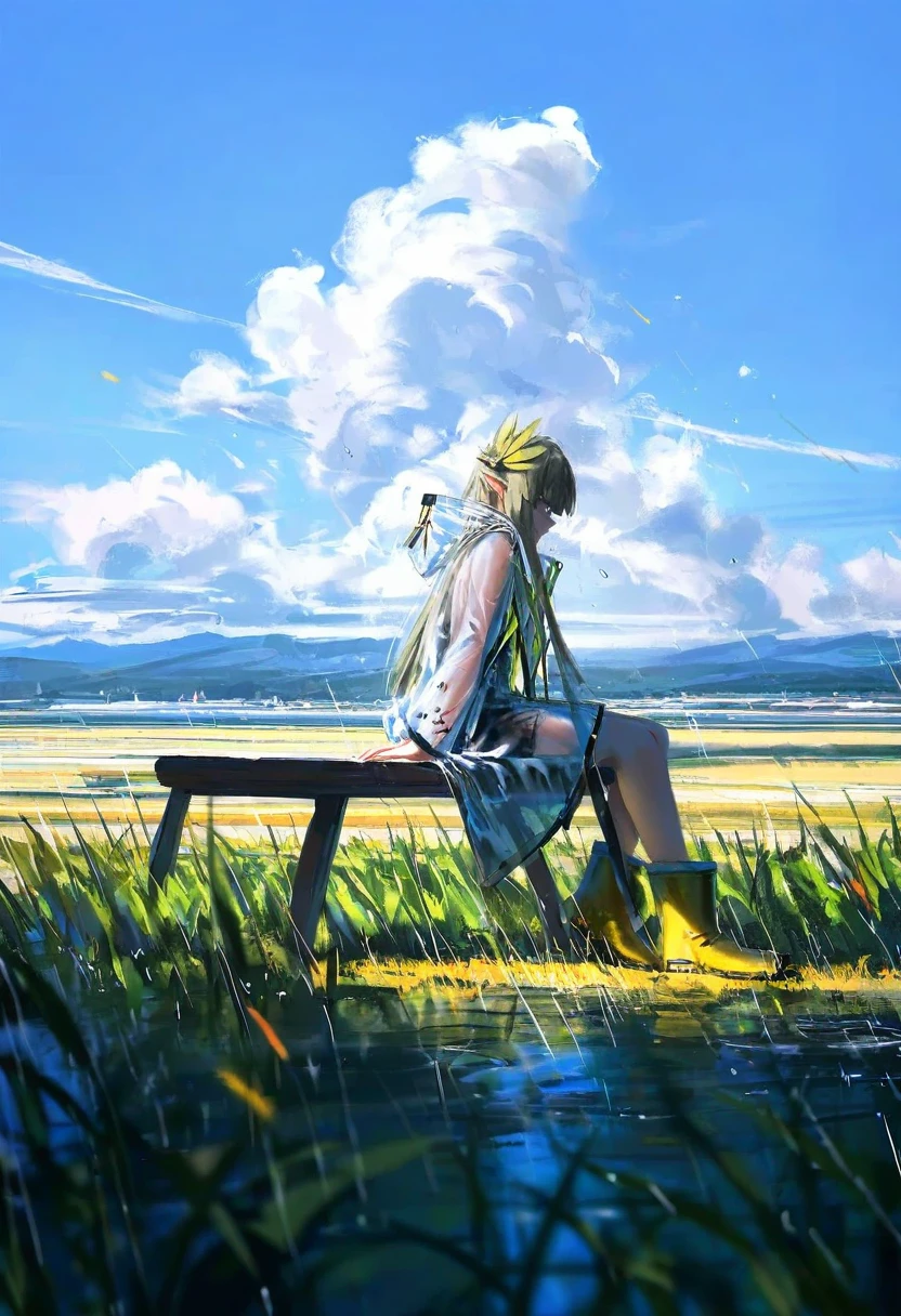 (((wlop))),(quasarcake),(ningen mame),(osakana \(osakanagazoubot\)), - 1girl,muelsyse \(arknights\),arknights,cloudy sky,grass,on bench,outdoors,rain,road,yellow rubber boots,see-through coat,sitting,transparent raincoat,water drop,