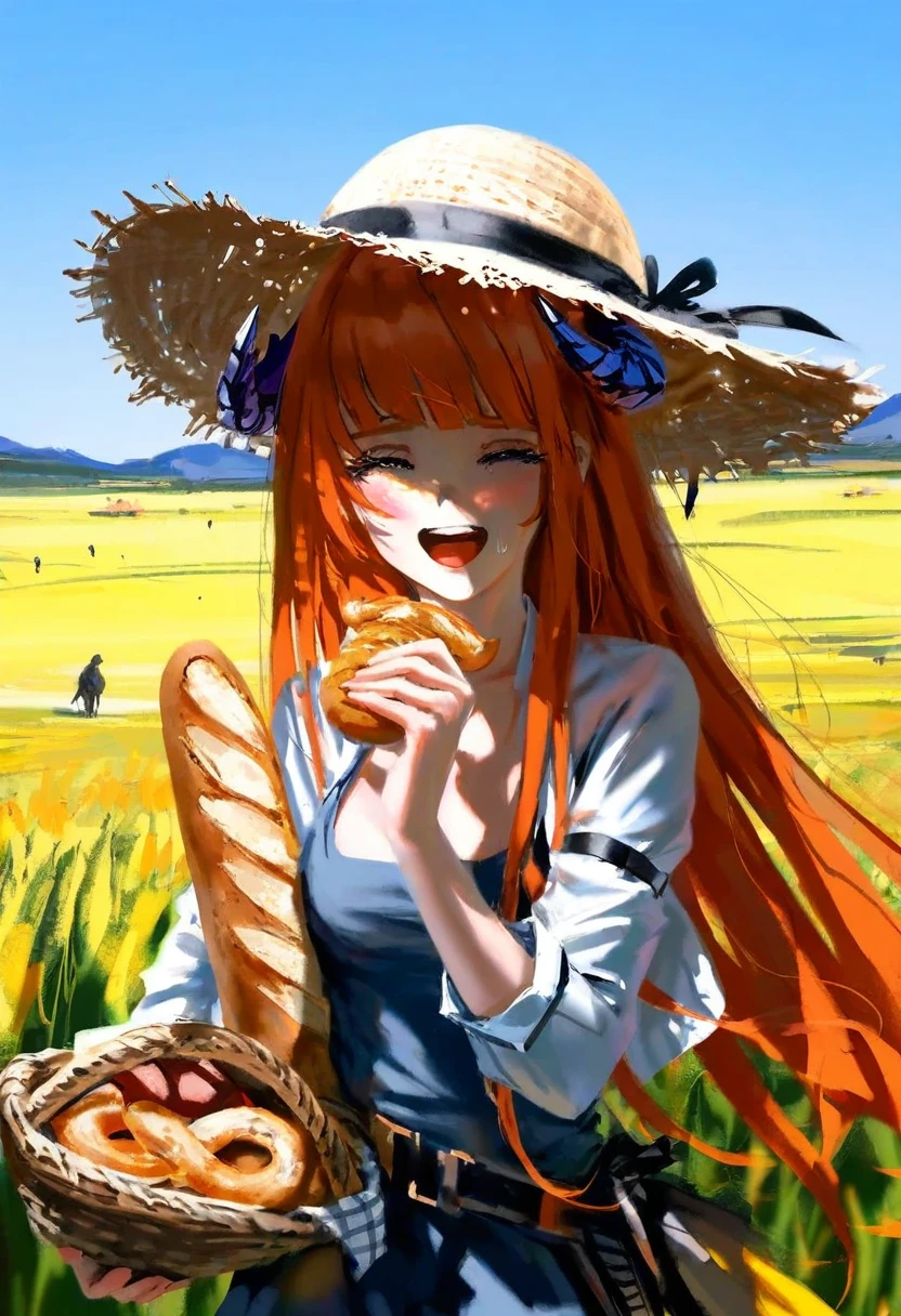 (((wlop))),(quasarcake),(ningen mame),(osakana \(osakanagazoubot\)), - 1girl,bagpipe \(arknights\),arknights,baguette,blush,bread,croissant,holding basket,pretzel,upper body,straw hat,field,sky,laughing,sweat,sunlight,
