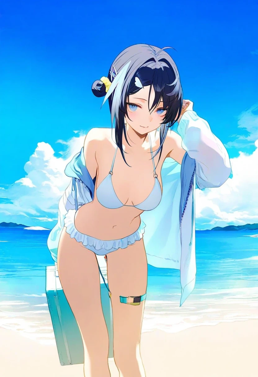  (((wang xi))),reeh \(yukuri130\),(( wanke)),(( kinta \(distortion\))),((rei \(sanbonzakura\))),[ask \(askzy\)],[[modare]], - 1girl,la pluma \(summer flowers\) \(arknights\),arknights,white bikini,outdoors,navel,day,sky,blue sky,beach,suitcase,looking at viewer,ocean,low-tied long hair,leaning forward,standing,holding,frills,hand up,bare shoulders,floating hair,