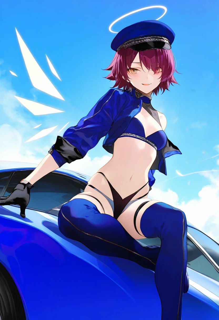  (((wang xi))),reeh \(yukuri130\),(( wanke)),(( kinta \(distortion\))),((rei \(sanbonzakura\))),[ask \(askzy\)],[[modare]], - 1girl,exusiai \(arknights\),arknights,black gloves,black panties,blue thigh boots,blue hat,blue jacket,long sleeves,race queen,thigh strap,thong,single bare shoulder,skindentation,tire,