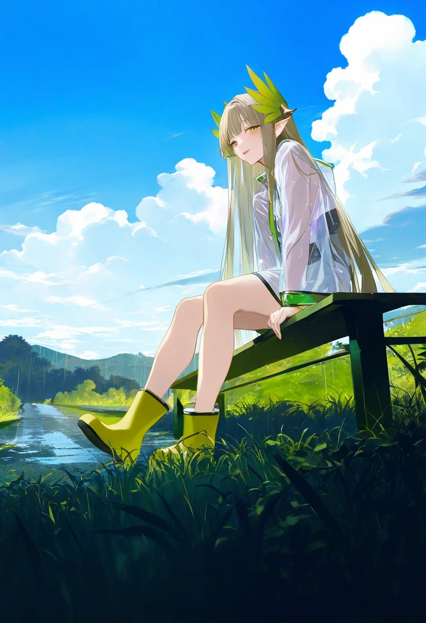  (((wang xi))),reeh \(yukuri130\),(( wanke)),(( kinta \(distortion\))),((rei \(sanbonzakura\))),[ask \(askzy\)],[[modare]], - 1girl,muelsyse \(arknights\),arknights,cloudy sky,grass,on bench,outdoors,rain,road,yellow rubber boots,see-through coat,sitting,transparent raincoat,water drop,