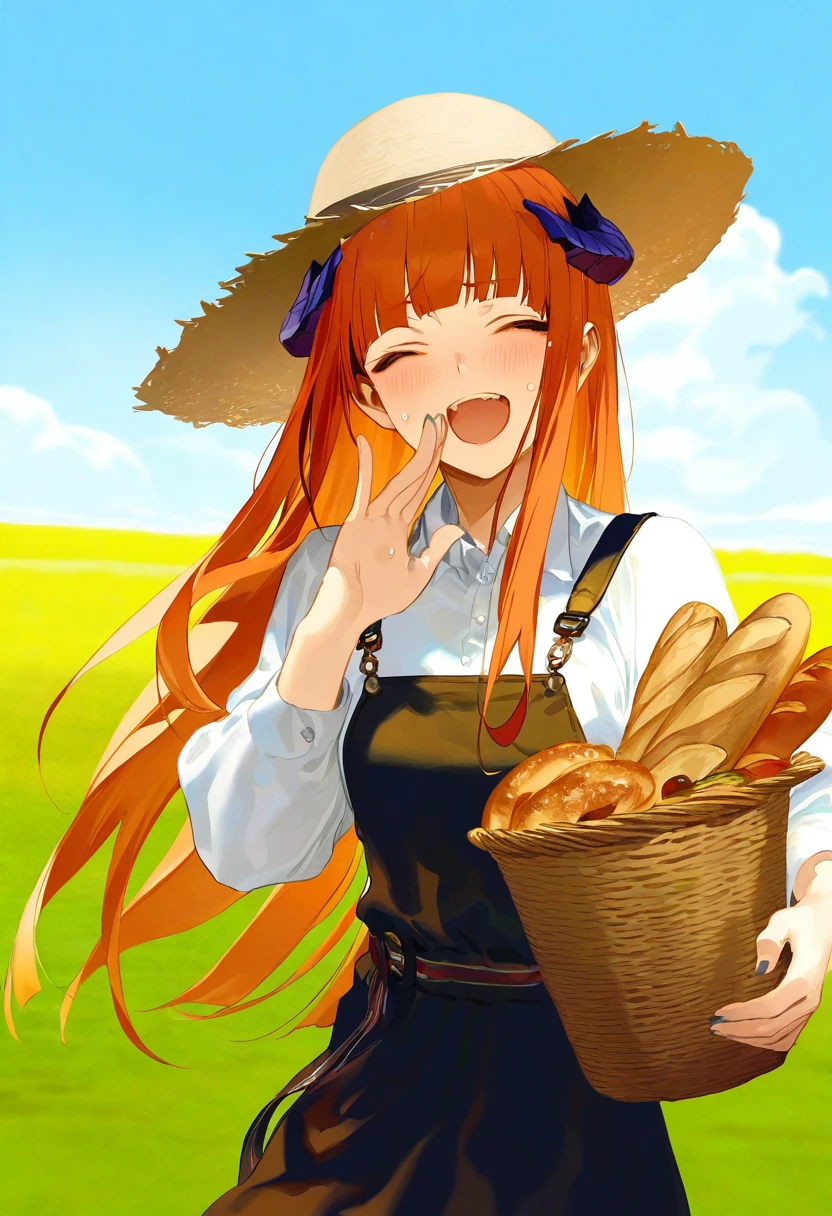  (((wang xi))),reeh \(yukuri130\),(( wanke)),(( kinta \(distortion\))),((rei \(sanbonzakura\))),[ask \(askzy\)],[[modare]], - 1girl,bagpipe \(arknights\),arknights,baguette,blush,bread,croissant,holding basket,pretzel,upper body,straw hat,field,sky,laughing,sweat,sunlight,