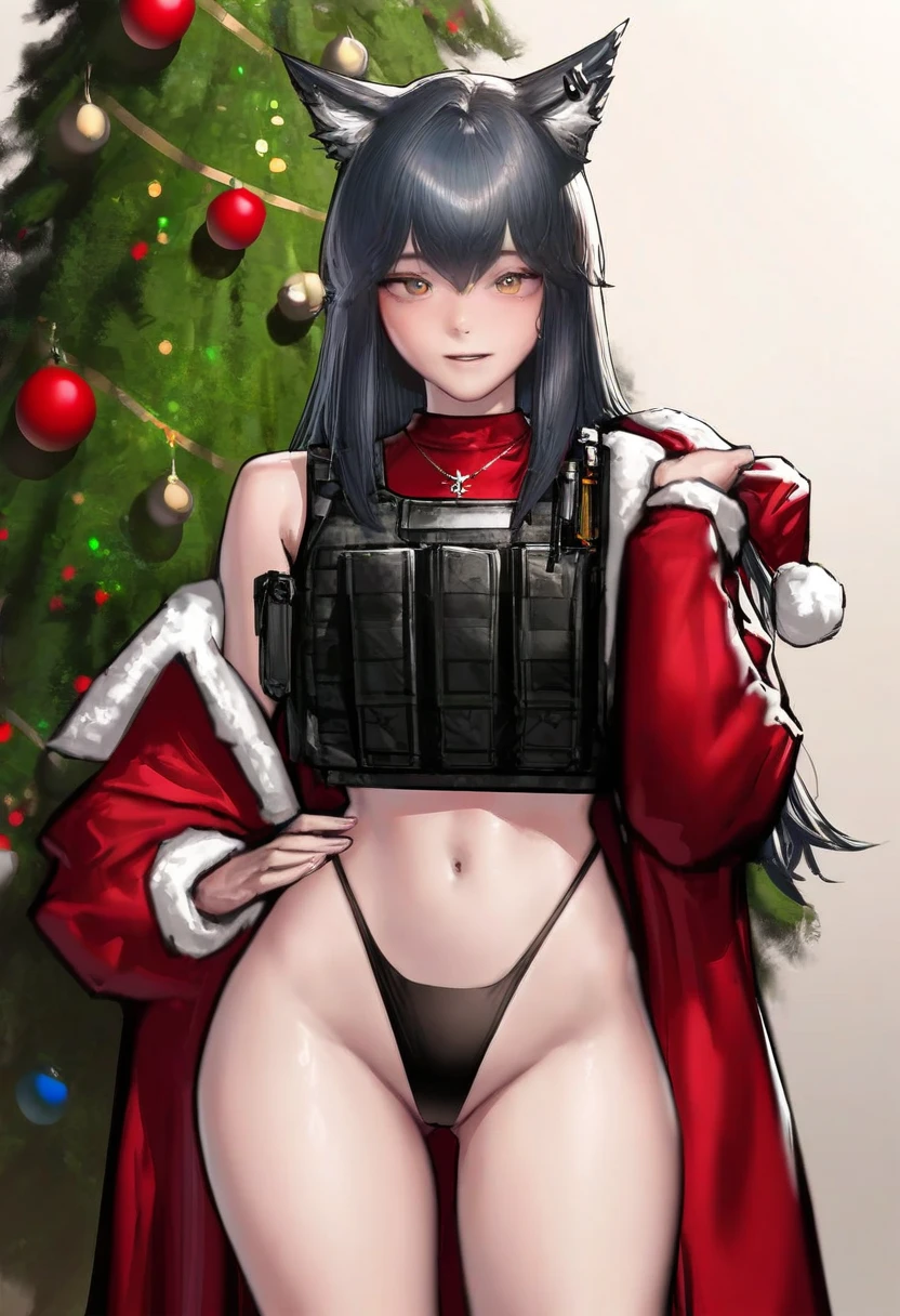 Kidmo,reoen, - 1girl,texas \(arknights\),arknights,underwear,tactical vest,christmas tree,christmas ornaments,
