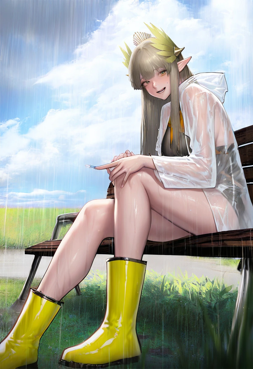 Kidmo,reoen, - 1girl,muelsyse \(arknights\),arknights,cloudy sky,grass,on bench,outdoors,rain,road,yellow rubber boots,see-through coat,sitting,transparent raincoat,water drop,