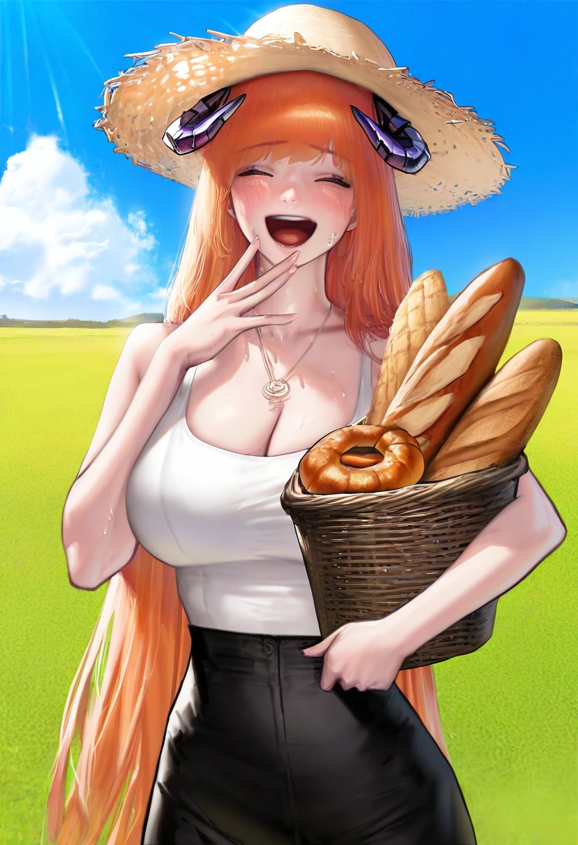 Kidmo,reoen, - 1girl,bagpipe \(arknights\),arknights,baguette,blush,bread,croissant,holding basket,pretzel,upper body,straw hat,field,sky,laughing,sweat,sunlight,