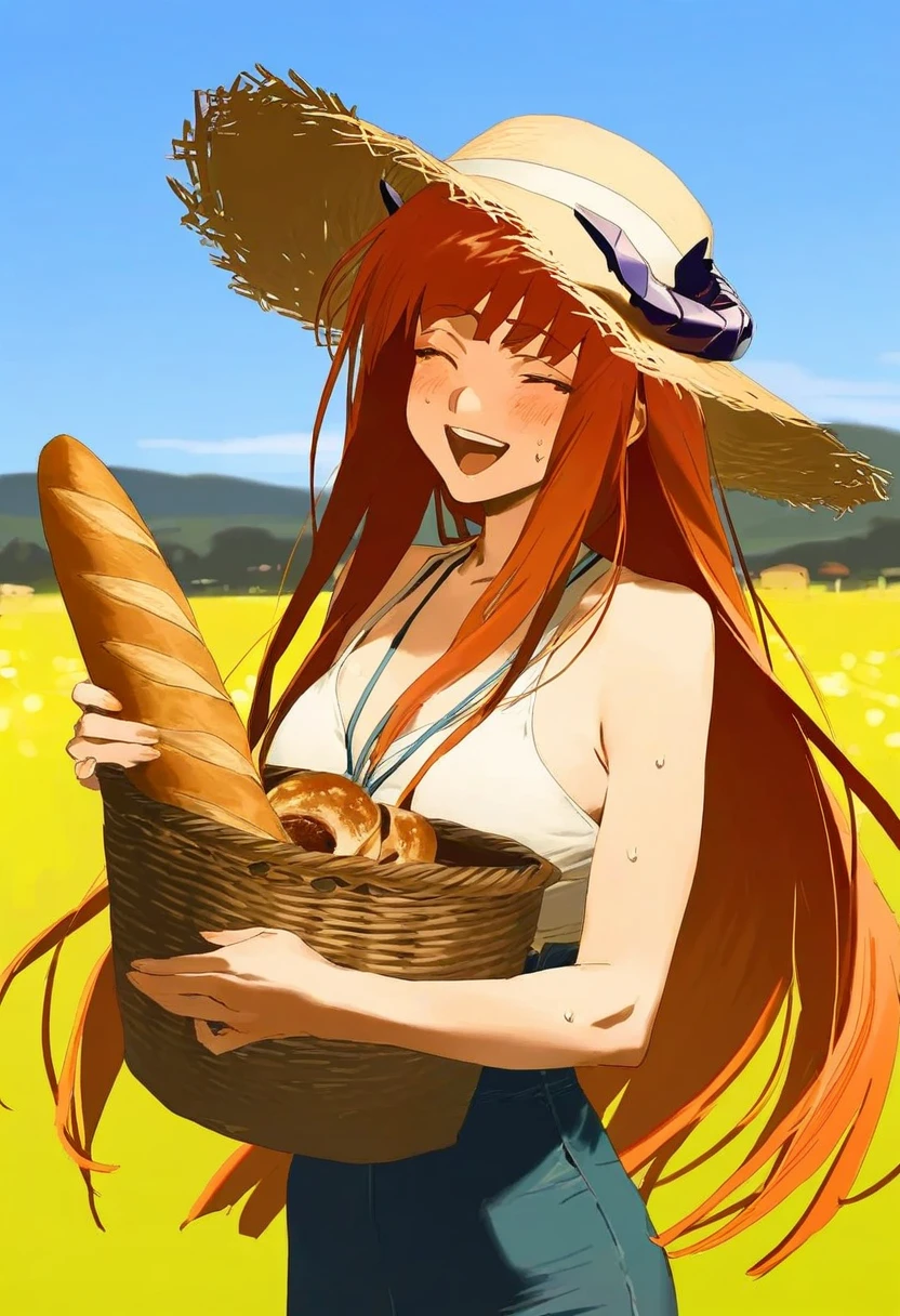 zhibuji loom,((rei \(sanbonzakura\))),(( kinta \(distortion\))),(((wang xi))), - 1girl,bagpipe \(arknights\),arknights,baguette,blush,bread,croissant,holding basket,pretzel,upper body,straw hat,field,sky,laughing,sweat,sunlight,