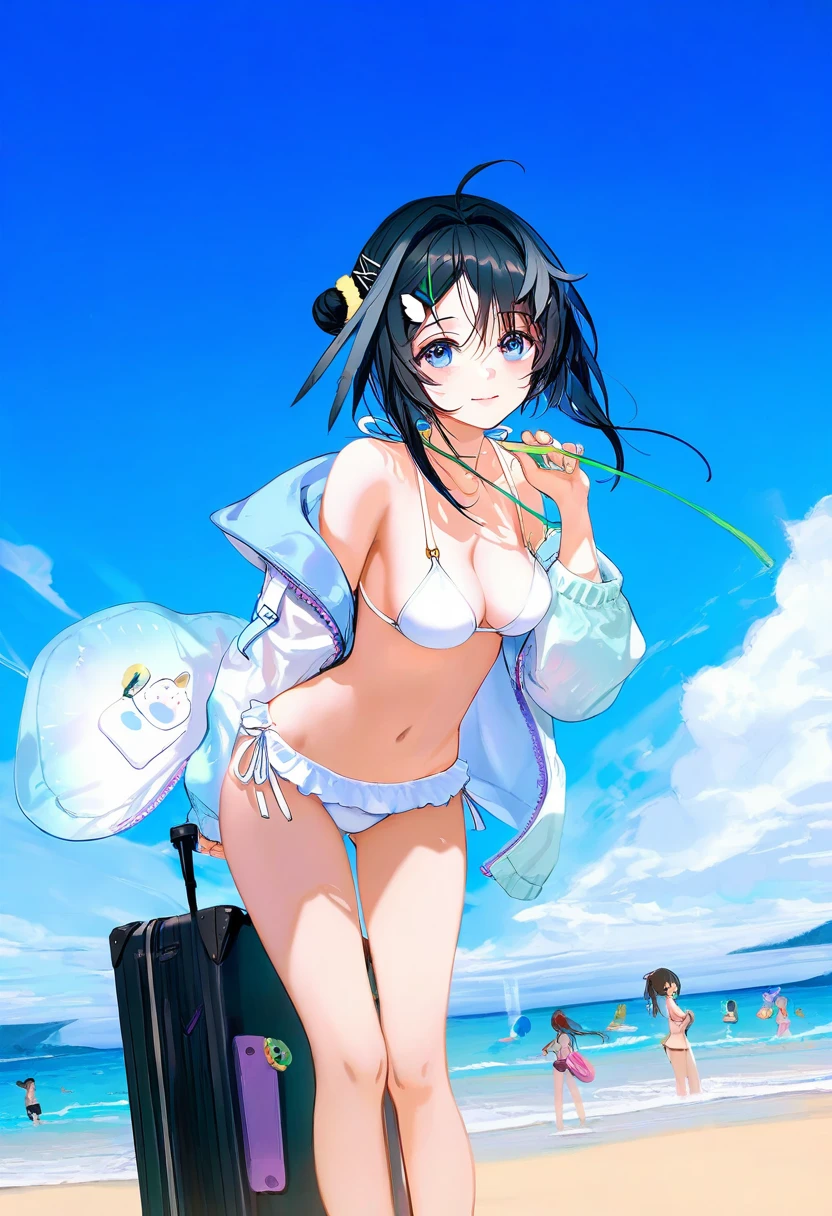 [kedama milk],[ask \(askzy\)],wanke,wlop,[ATDAN],ciloranko,[[rhasta]],[tidsean],[ke-ta],((chiaroscuro)),[as109]],[sho \(sho lwlw\)], - 1girl,la pluma \(summer flowers\) \(arknights\),arknights,white bikini,outdoors,navel,day,sky,blue sky,beach,suitcase,looking at viewer,ocean,low-tied long hair,leaning forward,standing,holding,frills,hand up,bare shoulders,floating hair,