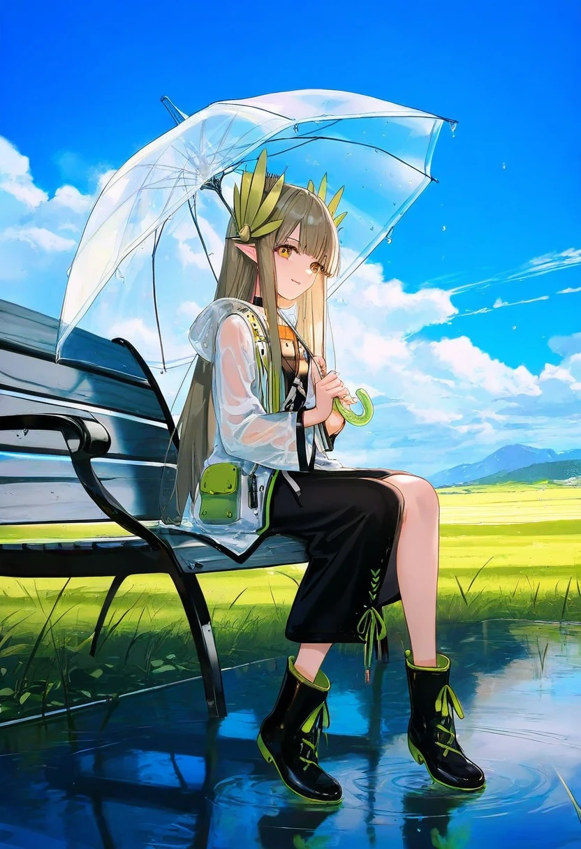 [kedama milk],[ask \(askzy\)],wanke,wlop,[ATDAN],ciloranko,[[rhasta]],[tidsean],[ke-ta],((chiaroscuro)),[as109]],[sho \(sho lwlw\)], - 1girl,muelsyse \(arknights\),arknights,cloudy sky,grass,on bench,outdoors,rain,road,yellow rubber boots,see-through coat,sitting,transparent raincoat,water drop,