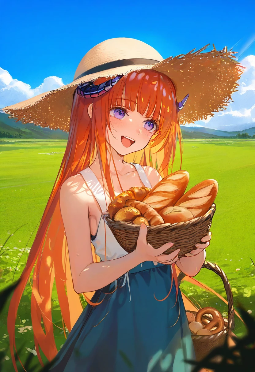 [kedama milk],[ask \(askzy\)],wanke,wlop,[ATDAN],ciloranko,[[rhasta]],[tidsean],[ke-ta],((chiaroscuro)),[as109]],[sho \(sho lwlw\)], - 1girl,bagpipe \(arknights\),arknights,baguette,blush,bread,croissant,holding basket,pretzel,upper body,straw hat,field,sky,laughing,sweat,sunlight,