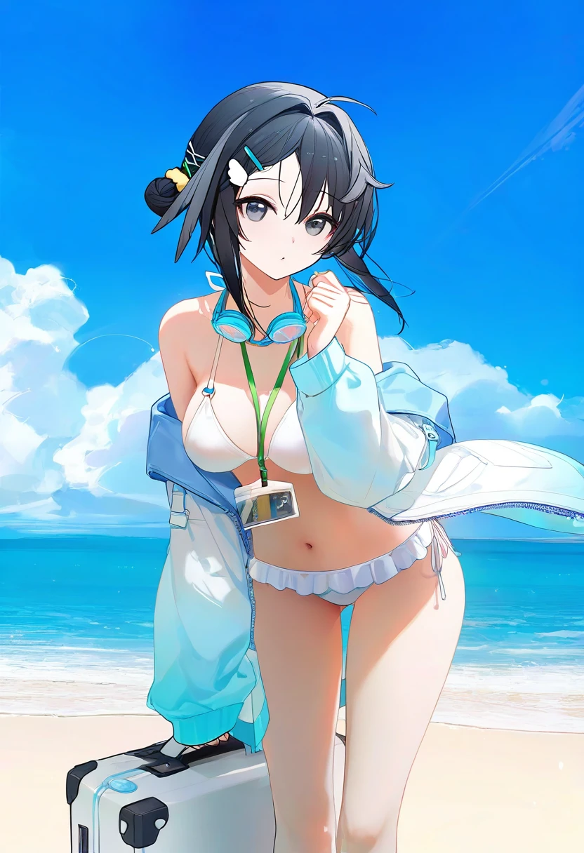 [ningen mame],[[ciloranko]],[[binggong asylum]],[[omone hokoma agm]],[[[misaki12003]]],[sho \(sho lwlw\)],[[ask \(askzy\)]],[[tianliang duohe fangdongye]],[[rhasta]], - 1girl,la pluma \(summer flowers\) \(arknights\),arknights,white bikini,outdoors,navel,day,sky,blue sky,beach,suitcase,looking at viewer,ocean,low-tied long hair,leaning forward,standing,holding,frills,hand up,bare shoulders,floating hair,