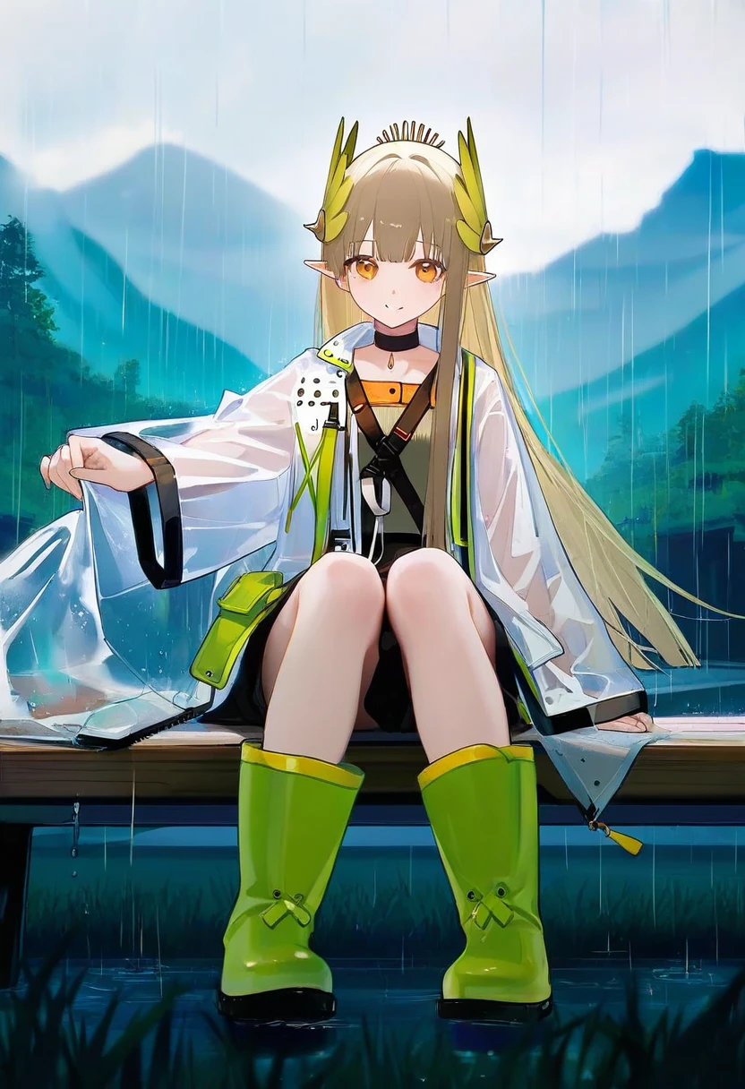 [ningen mame],[[ciloranko]],[[binggong asylum]],[[omone hokoma agm]],[[[misaki12003]]],[sho \(sho lwlw\)],[[ask \(askzy\)]],[[tianliang duohe fangdongye]],[[rhasta]], - 1girl,muelsyse \(arknights\),arknights,cloudy sky,grass,on bench,outdoors,rain,road,yellow rubber boots,see-through coat,sitting,transparent raincoat,water drop,