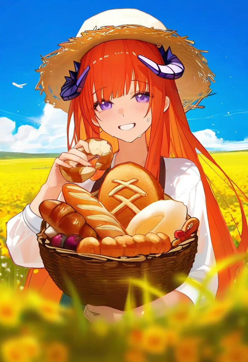 [ningen mame],[[ciloranko]],[[binggong asylum]],[[omone hokoma agm]],[[[misaki12003]]],[sho \(sho lwlw\)],[[ask \(askzy\)]],[[tianliang duohe fangdongye]],[[rhasta]], - 1girl,bagpipe \(arknights\),arknights,baguette,blush,bread,croissant,holding basket,pretzel,upper body,straw hat,field,sky,laughing,sweat,sunlight,