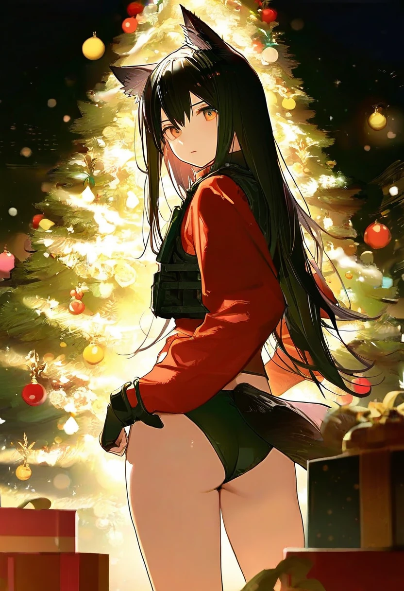 hougu souji,yonchan,kitada mo,[ask\(askzy\)],[sy4], - 1girl,texas \(arknights\),arknights,underwear,tactical vest,christmas tree,christmas ornaments,