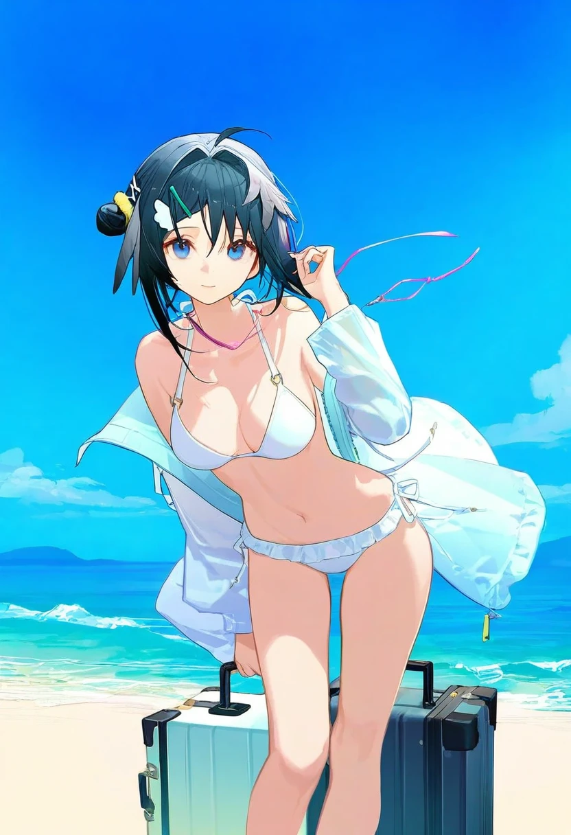 hougu souji,yonchan,kitada mo,[ask\(askzy\)],[sy4], - 1girl,la pluma \(summer flowers\) \(arknights\),arknights,white bikini,outdoors,navel,day,sky,blue sky,beach,suitcase,looking at viewer,ocean,low-tied long hair,leaning forward,standing,holding,frills,hand up,bare shoulders,floating hair,