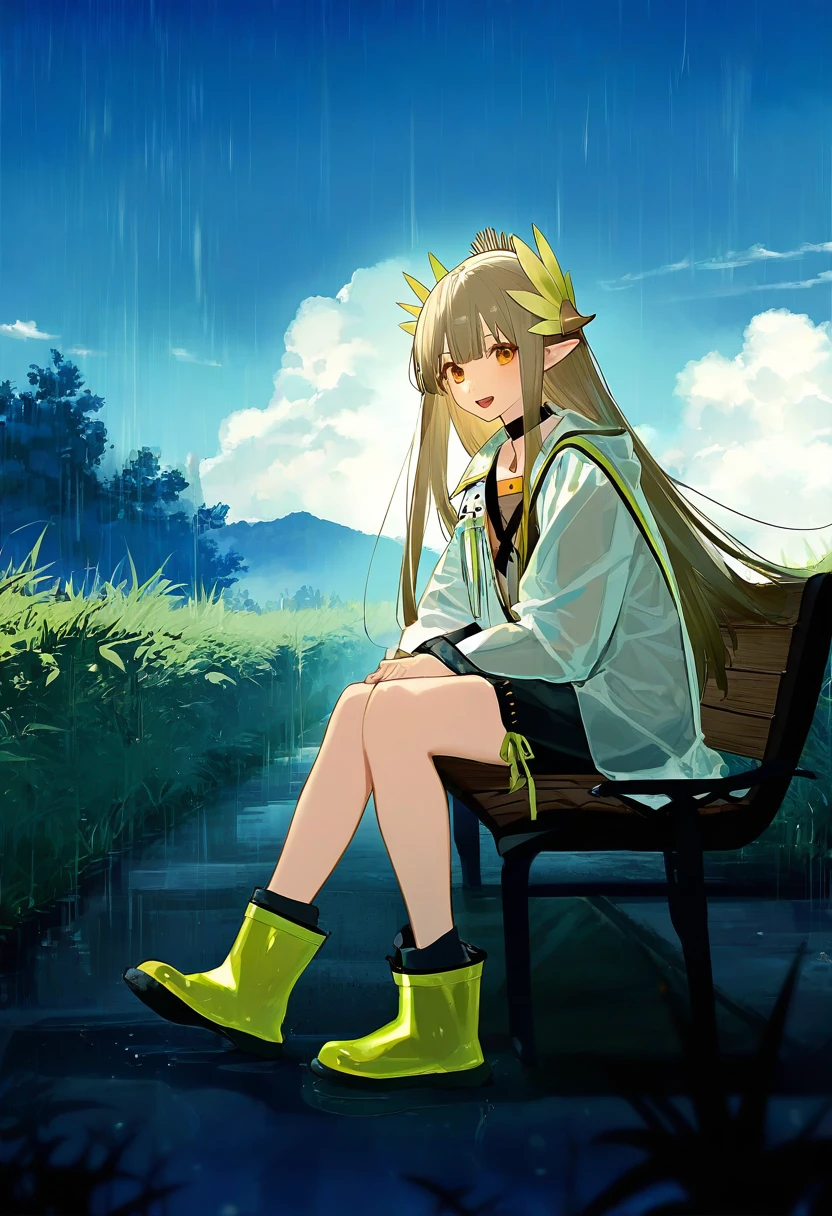 hougu souji,yonchan,kitada mo,[ask\(askzy\)],[sy4], - 1girl,muelsyse \(arknights\),arknights,cloudy sky,grass,on bench,outdoors,rain,road,yellow rubber boots,see-through coat,sitting,transparent raincoat,water drop,