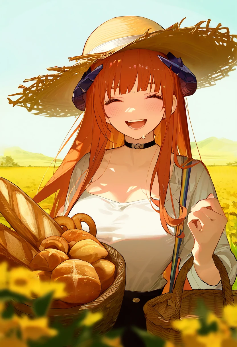 hougu souji,yonchan,kitada mo,[ask\(askzy\)],[sy4], - 1girl,bagpipe \(arknights\),arknights,baguette,blush,bread,croissant,holding basket,pretzel,upper body,straw hat,field,sky,laughing,sweat,sunlight,