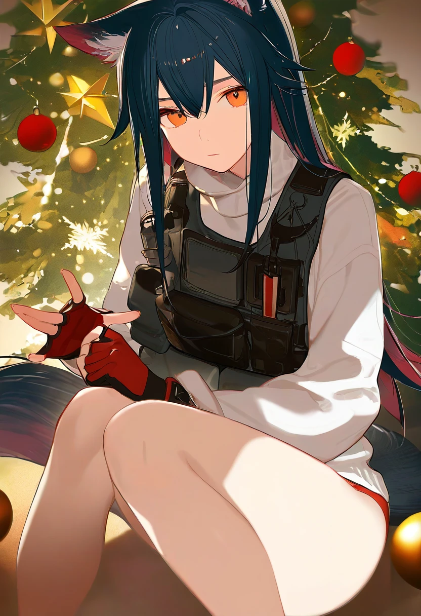 kitada mo,umezawa itte,wenquangua,ask\(askzy\),dokuro deluxe, - 1girl,texas \(arknights\),arknights,underwear,tactical vest,christmas tree,christmas ornaments,