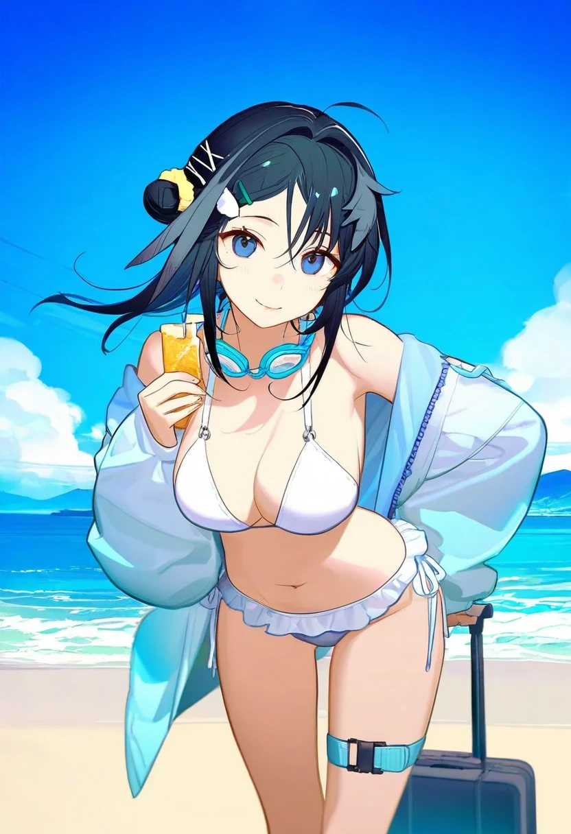 kitada mo,umezawa itte,wenquangua,ask\(askzy\),dokuro deluxe, - 1girl,la pluma \(summer flowers\) \(arknights\),arknights,white bikini,outdoors,navel,day,sky,blue sky,beach,suitcase,looking at viewer,ocean,low-tied long hair,leaning forward,standing,holding,frills,hand up,bare shoulders,floating hair,