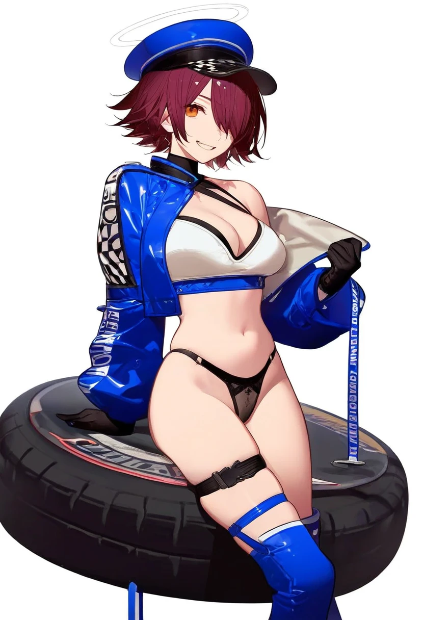 kitada mo,umezawa itte,wenquangua,ask\(askzy\),dokuro deluxe, - 1girl,exusiai \(arknights\),arknights,black gloves,black panties,blue thigh boots,blue hat,blue jacket,long sleeves,race queen,thigh strap,thong,single bare shoulder,skindentation,tire,