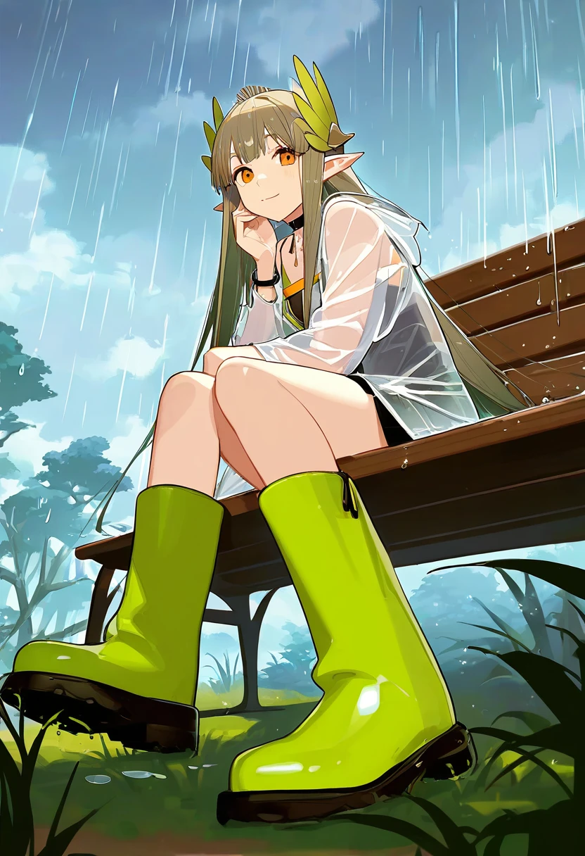 kitada mo,umezawa itte,wenquangua,ask\(askzy\),dokuro deluxe, - 1girl,muelsyse \(arknights\),arknights,cloudy sky,grass,on bench,outdoors,rain,road,yellow rubber boots,see-through coat,sitting,transparent raincoat,water drop,