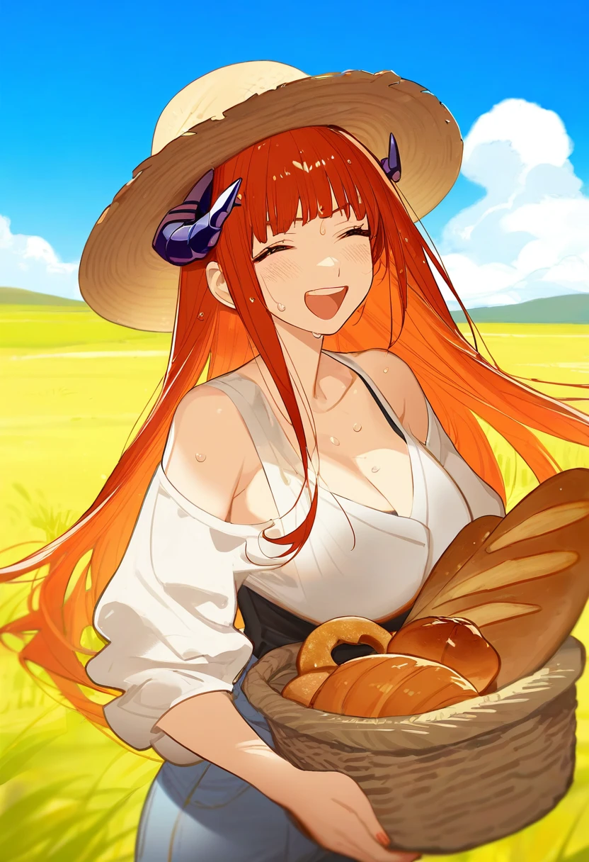 kitada mo,umezawa itte,wenquangua,ask\(askzy\),dokuro deluxe, - 1girl,bagpipe \(arknights\),arknights,baguette,blush,bread,croissant,holding basket,pretzel,upper body,straw hat,field,sky,laughing,sweat,sunlight,