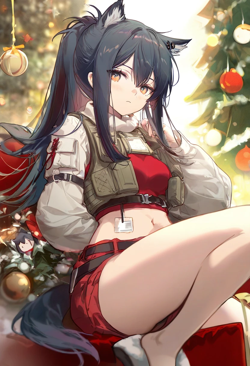 anmi,shanyao jiang tororo,csyday,[ask\(askzy\)],[[rei \(sanbonzakura\)]], - 1girl,texas \(arknights\),arknights,underwear,tactical vest,christmas tree,christmas ornaments,