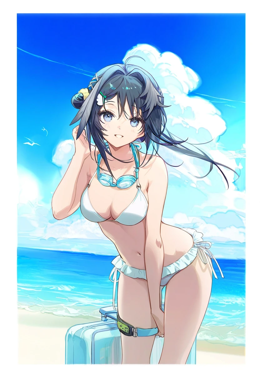 anmi,shanyao jiang tororo,csyday,[ask\(askzy\)],[[rei \(sanbonzakura\)]], - 1girl,la pluma \(summer flowers\) \(arknights\),arknights,white bikini,outdoors,navel,day,sky,blue sky,beach,suitcase,looking at viewer,ocean,low-tied long hair,leaning forward,standing,holding,frills,hand up,bare shoulders,floating hair,