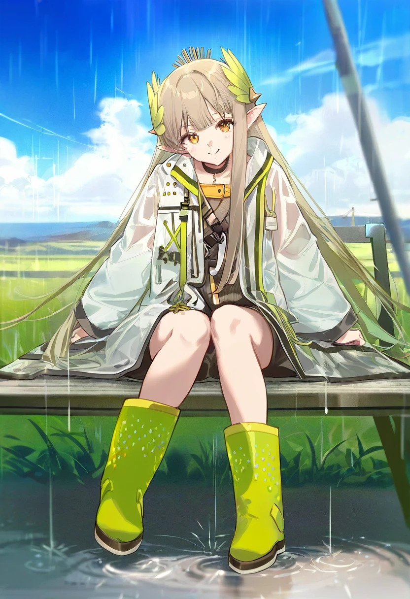 anmi,shanyao jiang tororo,csyday,[ask\(askzy\)],[[rei \(sanbonzakura\)]], - 1girl,muelsyse \(arknights\),arknights,cloudy sky,grass,on bench,outdoors,rain,road,yellow rubber boots,see-through coat,sitting,transparent raincoat,water drop,