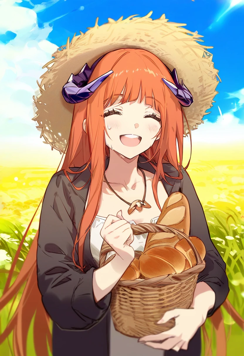 anmi,shanyao jiang tororo,csyday,[ask\(askzy\)],[[rei \(sanbonzakura\)]], - 1girl,bagpipe \(arknights\),arknights,baguette,blush,bread,croissant,holding basket,pretzel,upper body,straw hat,field,sky,laughing,sweat,sunlight,