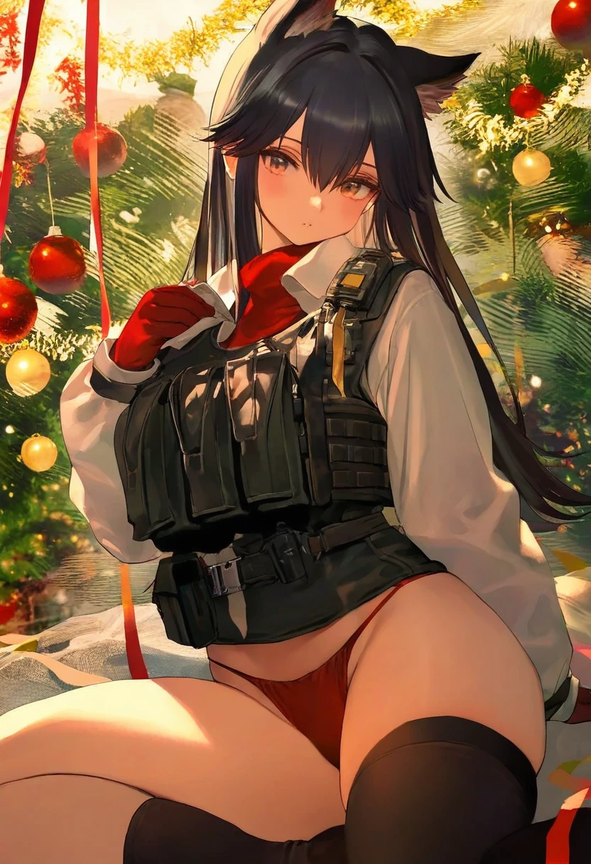 mimoza \(96mimo414\),rei \(sanbonzakura\),mochi \(circle rin\),[rhasta,yonchan,watao],[minaba hideo], - 1girl,texas \(arknights\),arknights,underwear,tactical vest,christmas tree,christmas ornaments,