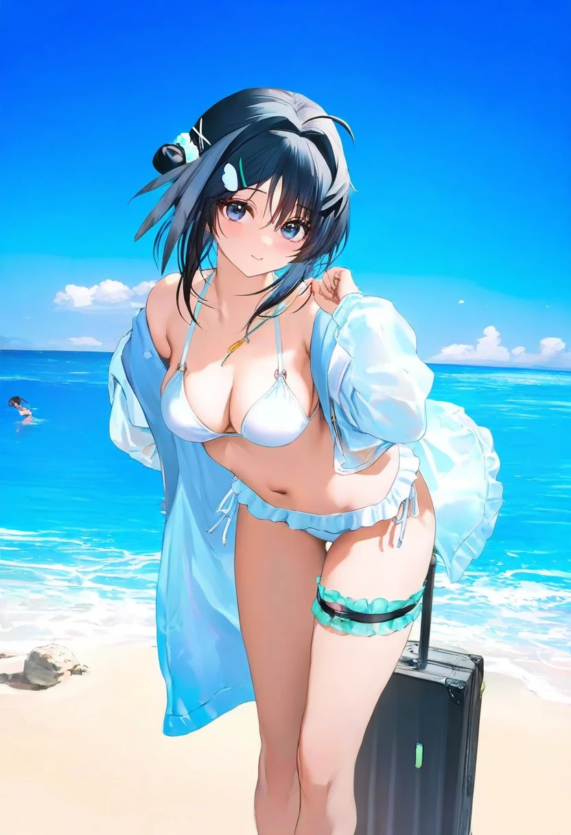 mimoza \(96mimo414\),rei \(sanbonzakura\),mochi \(circle rin\),[rhasta,yonchan,watao],[minaba hideo], - 1girl,la pluma \(summer flowers\) \(arknights\),arknights,white bikini,outdoors,navel,day,sky,blue sky,beach,suitcase,looking at viewer,ocean,low-tied long hair,leaning forward,standing,holding,frills,hand up,bare shoulders,floating hair,