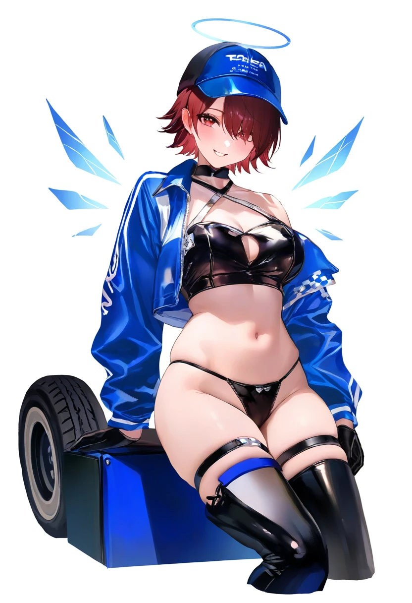 mimoza \(96mimo414\),rei \(sanbonzakura\),mochi \(circle rin\),[rhasta,yonchan,watao],[minaba hideo], - 1girl,exusiai \(arknights\),arknights,black gloves,black panties,blue thigh boots,blue hat,blue jacket,long sleeves,race queen,thigh strap,thong,single bare shoulder,skindentation,tire,