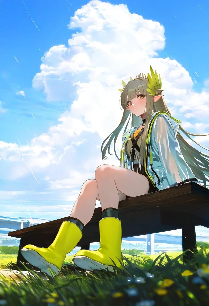 mimoza \(96mimo414\),rei \(sanbonzakura\),mochi \(circle rin\),[rhasta,yonchan,watao],[minaba hideo], - 1girl,muelsyse \(arknights\),arknights,cloudy sky,grass,on bench,outdoors,rain,road,yellow rubber boots,see-through coat,sitting,transparent raincoat,water drop,