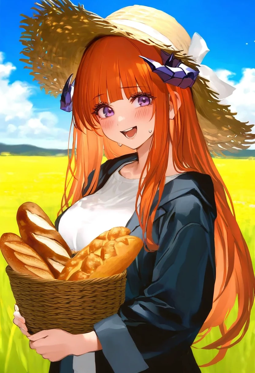 mimoza \(96mimo414\),rei \(sanbonzakura\),mochi \(circle rin\),[rhasta,yonchan,watao],[minaba hideo], - 1girl,bagpipe \(arknights\),arknights,baguette,blush,bread,croissant,holding basket,pretzel,upper body,straw hat,field,sky,laughing,sweat,sunlight,