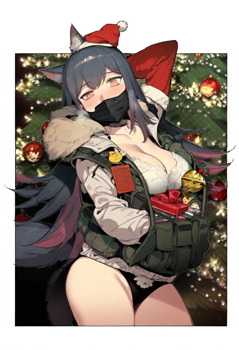 bacius,fishine,nonco,zhibuji loom,ask\(askzy\),ireading,karasu raven, - 1girl,texas \(arknights\),arknights,underwear,tactical vest,christmas tree,christmas ornaments,