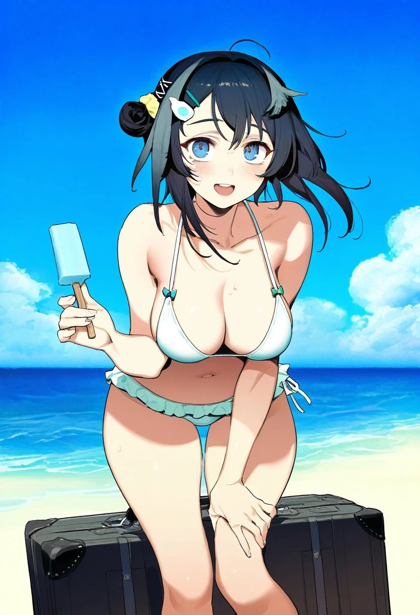 bacius,fishine,nonco,zhibuji loom,ask\(askzy\),ireading,karasu raven, - 1girl,la pluma \(summer flowers\) \(arknights\),arknights,white bikini,outdoors,navel,day,sky,blue sky,beach,suitcase,looking at viewer,ocean,low-tied long hair,leaning forward,standing,holding,frills,hand up,bare shoulders,floating hair,