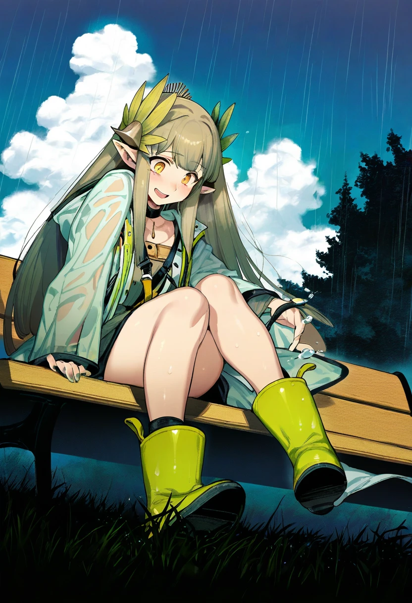 bacius,fishine,nonco,zhibuji loom,ask\(askzy\),ireading,karasu raven, - 1girl,muelsyse \(arknights\),arknights,cloudy sky,grass,on bench,outdoors,rain,road,yellow rubber boots,see-through coat,sitting,transparent raincoat,water drop,