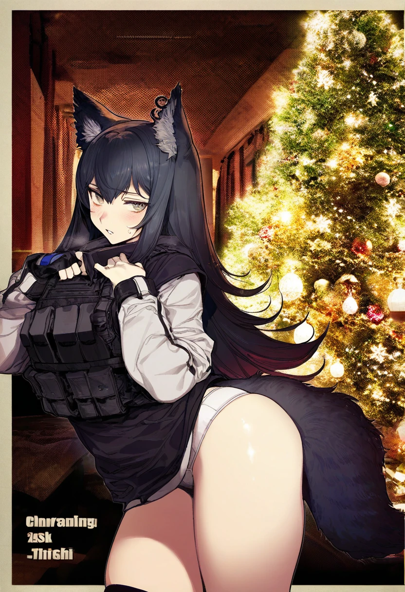 shirable shiki,bacius,sy4,fishine,pigeon666,nonco,zhibuji loom,ask\(askzy\),ireading,karasu raven, - 1girl,texas \(arknights\),arknights,underwear,tactical vest,christmas tree,christmas ornaments,