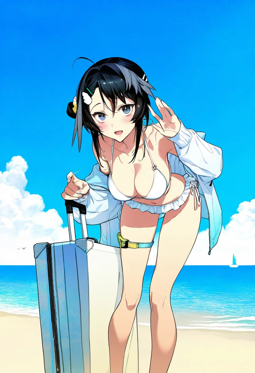 shirable shiki,bacius,sy4,fishine,pigeon666,nonco,zhibuji loom,ask\(askzy\),ireading,karasu raven, - 1girl,la pluma \(summer flowers\) \(arknights\),arknights,white bikini,outdoors,navel,day,sky,blue sky,beach,suitcase,looking at viewer,ocean,low-tied long hair,leaning forward,standing,holding,frills,hand up,bare shoulders,floating hair,