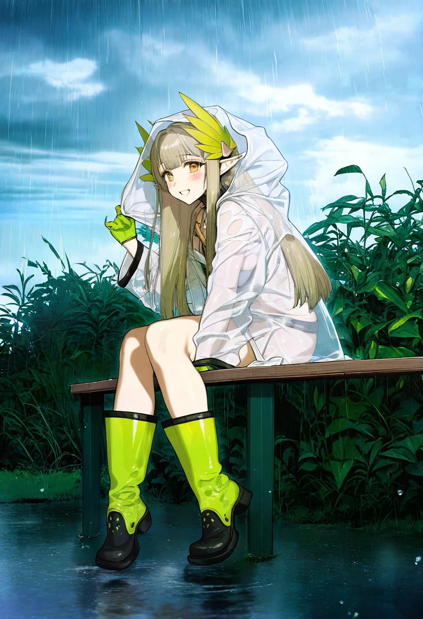 shirable shiki,bacius,sy4,fishine,pigeon666,nonco,zhibuji loom,ask\(askzy\),ireading,karasu raven, - 1girl,muelsyse \(arknights\),arknights,cloudy sky,grass,on bench,outdoors,rain,road,yellow rubber boots,see-through coat,sitting,transparent raincoat,water drop,